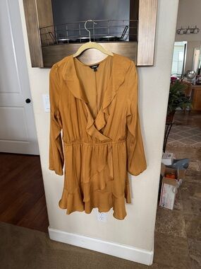 Express Mustard Ruffle Wrap Long Sleeve Dress
